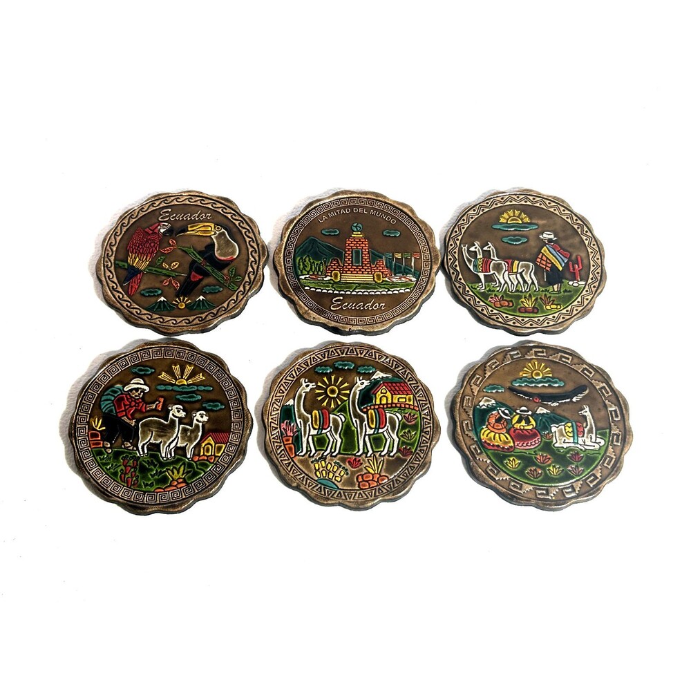 Ecuador Village Tooled Leather Coasters Set of 6 with Holder